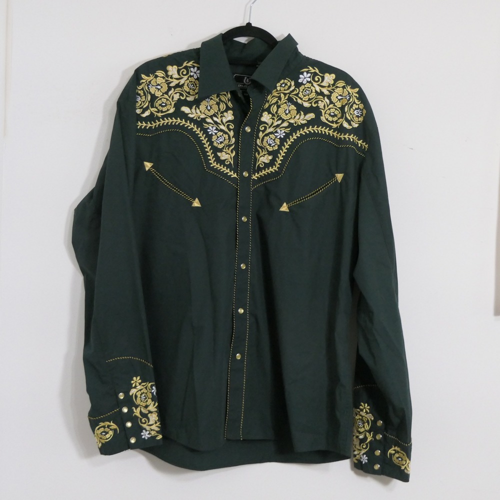 Salvaje Oeste Mens Shirt XXL Green Embroidered Floral Western Snap Vaquero Rodeo
